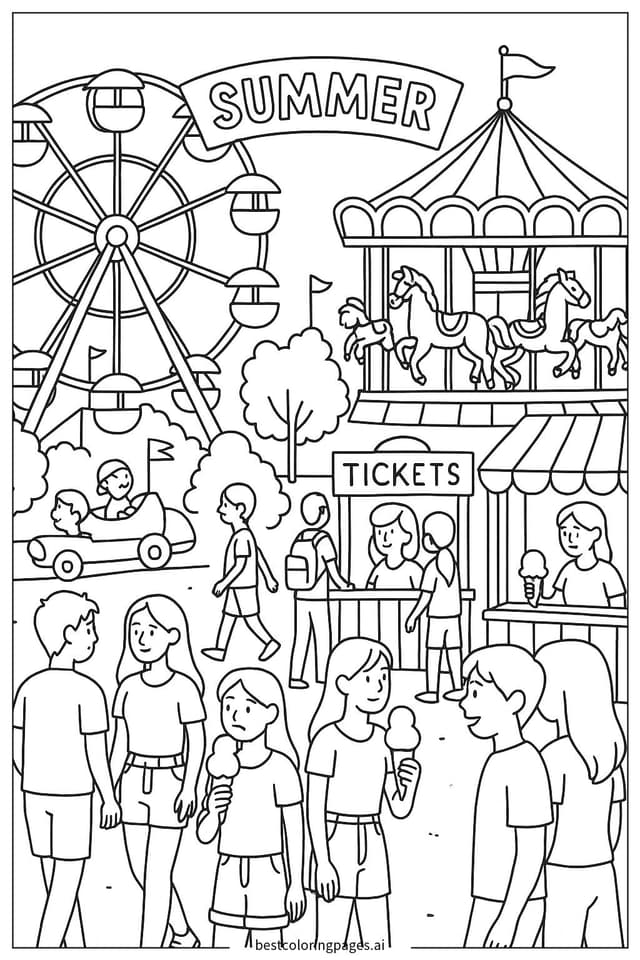 Sommerkirmes mit Fahrgeschäften Ausmalbilder