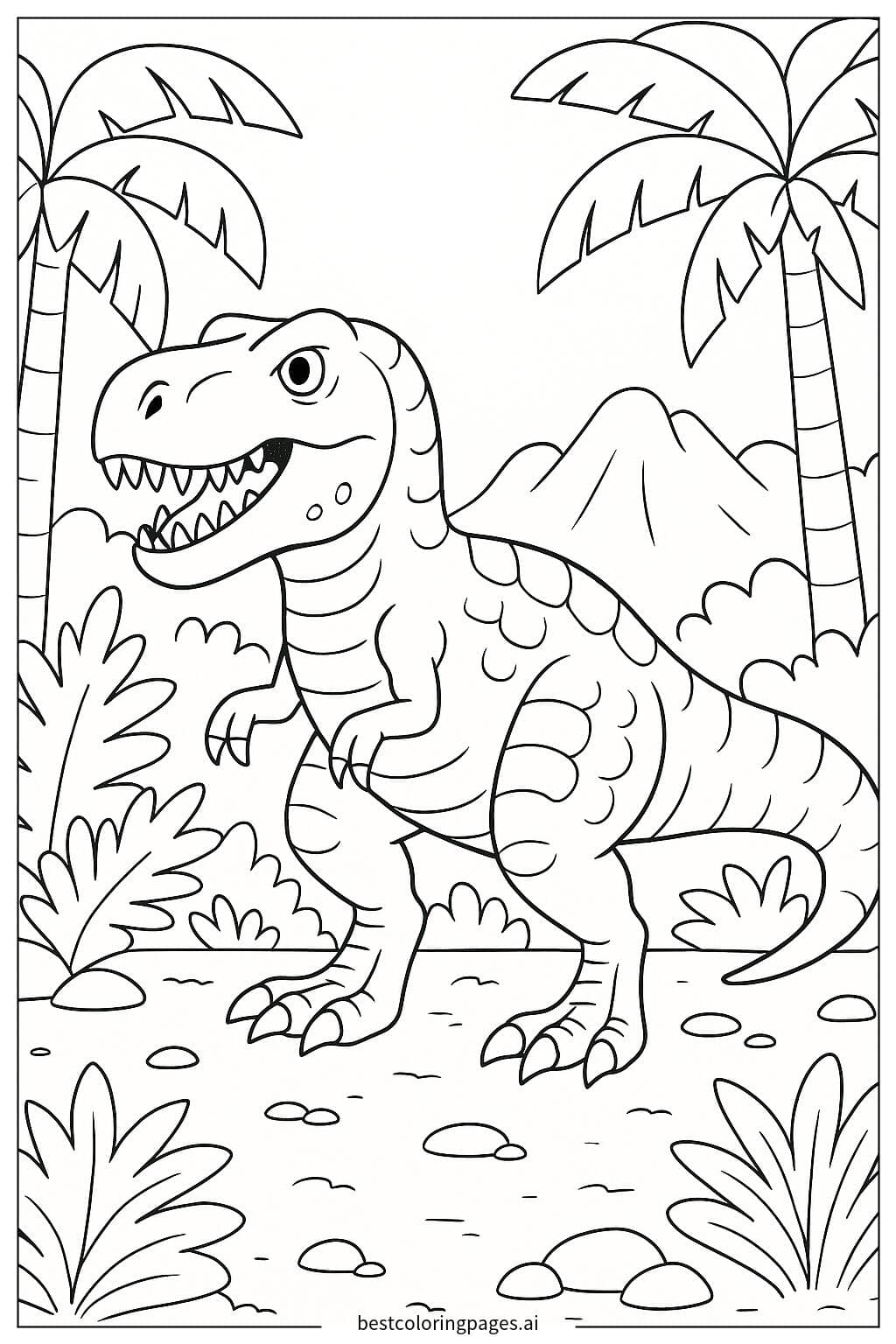 Desenhos de T-Rex em um cenário de selva para Colorir