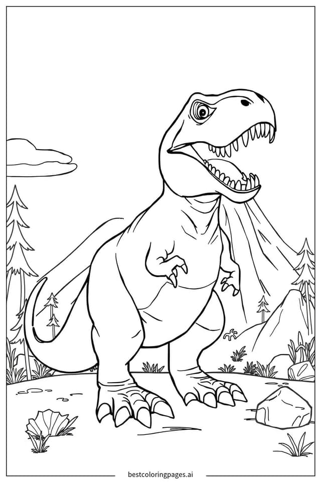 Tranh tô màu Khủng Long T Rex Bên Núi Lửa