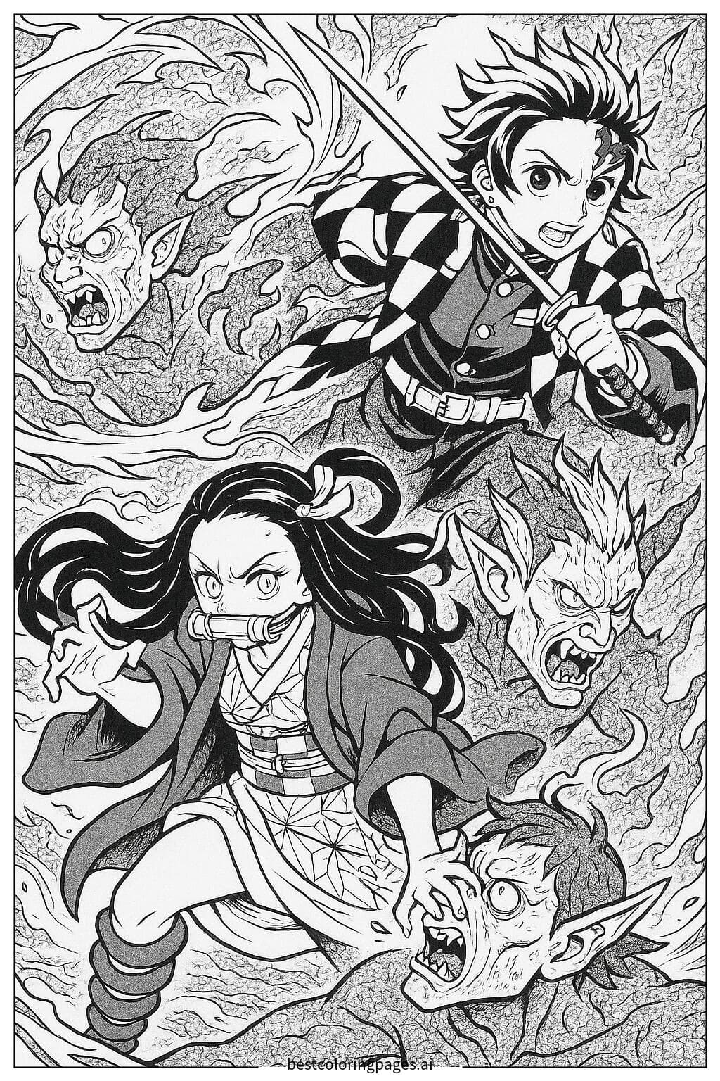 Tanjiro und Nezuko kämpfen gegen Dämonen