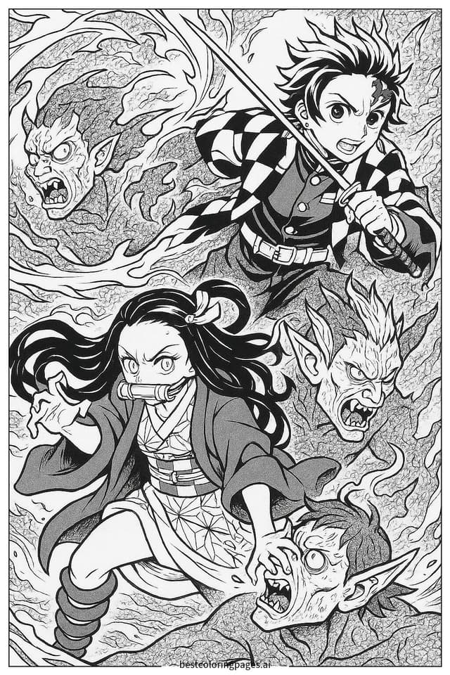 Tanjiro und Nezuko kämpfen gegen Dämonen Ausmalbilder