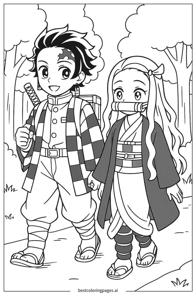 Tanjiro und Nezuko im Wald spazieren Ausmalbilder