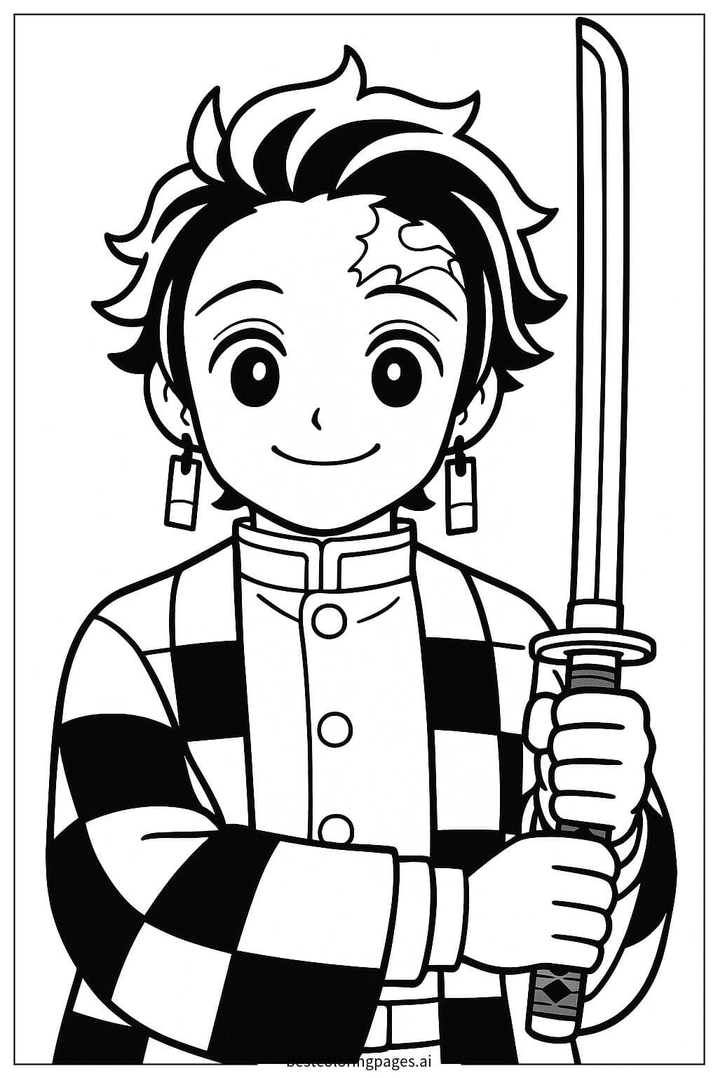 Tanjiro Smiling with His Sword Coloring Page