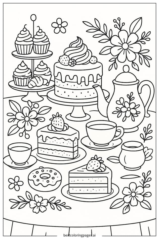 Disegni di Merenda Elegante con Dolci da Colorare
