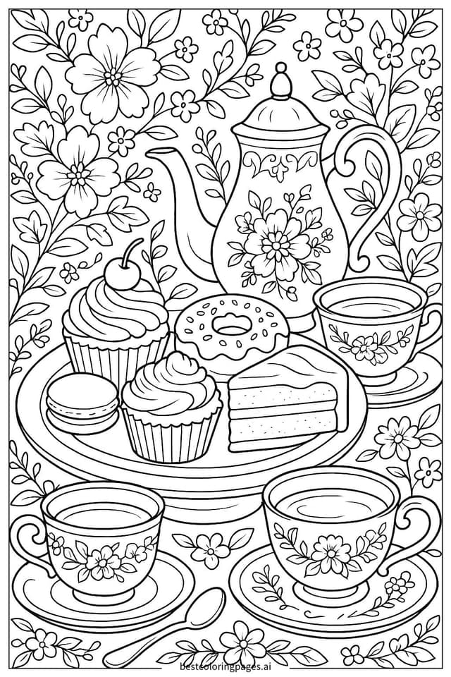 Disegni di Tea Party con Dolci Squisiti da Colorare