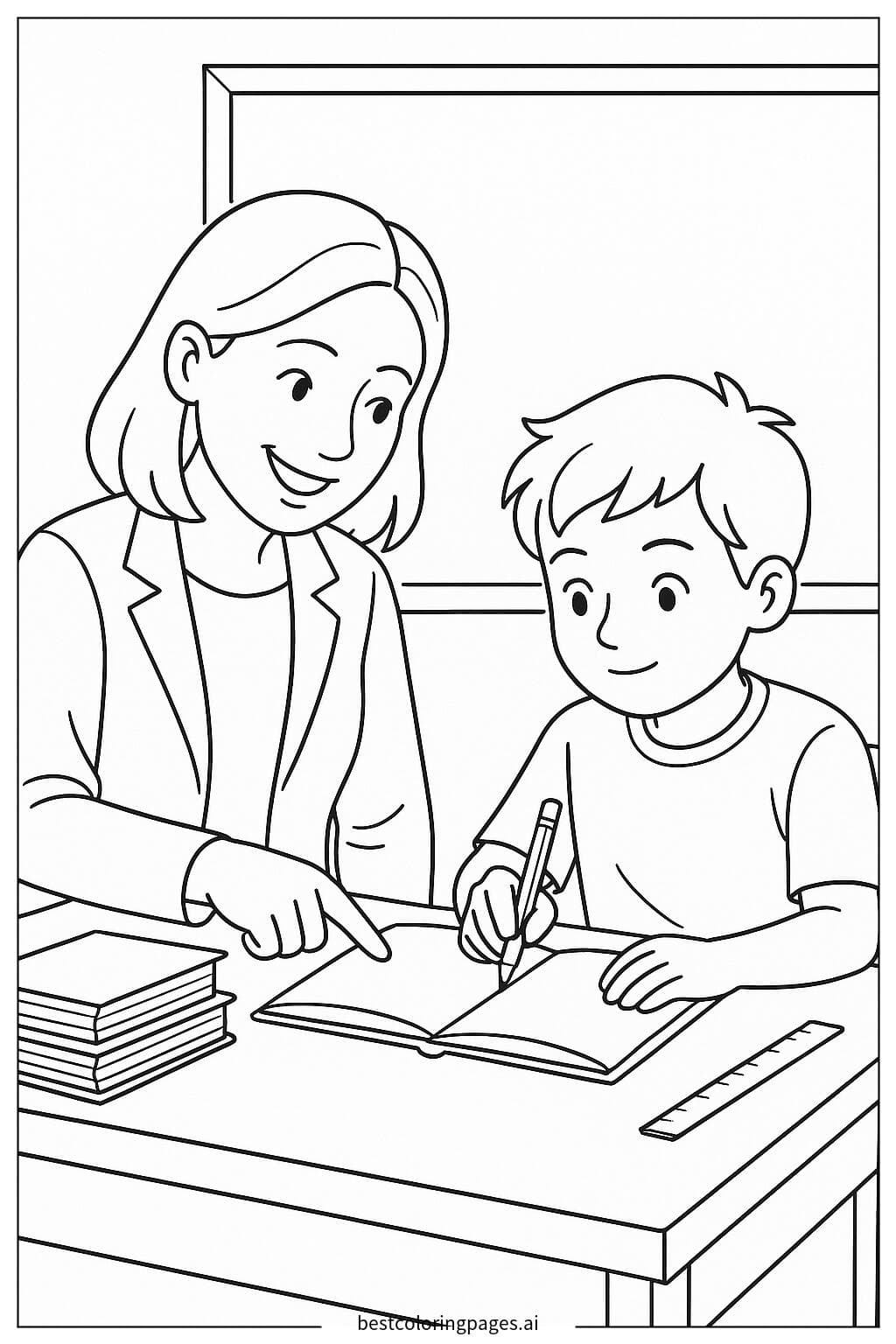 Teacher Guiding a Student in Class