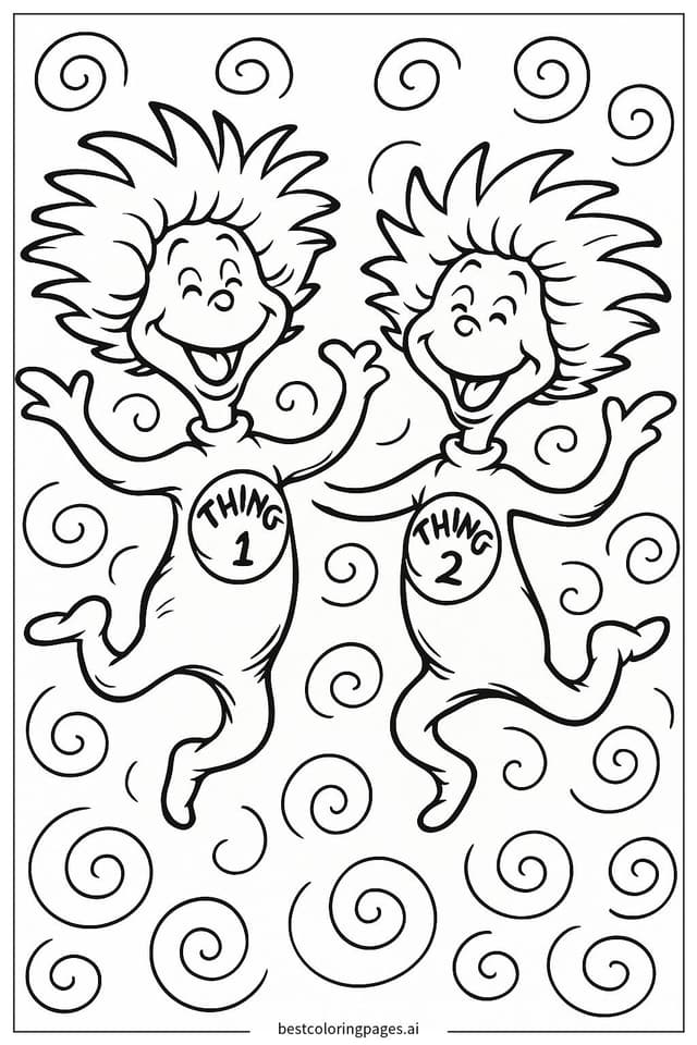 Thing 1 and Thing 2 Joyfully Jumping Coloring Page