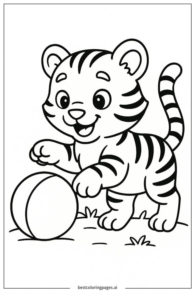 Playful Tiger Cub with Ball Coloring Pages