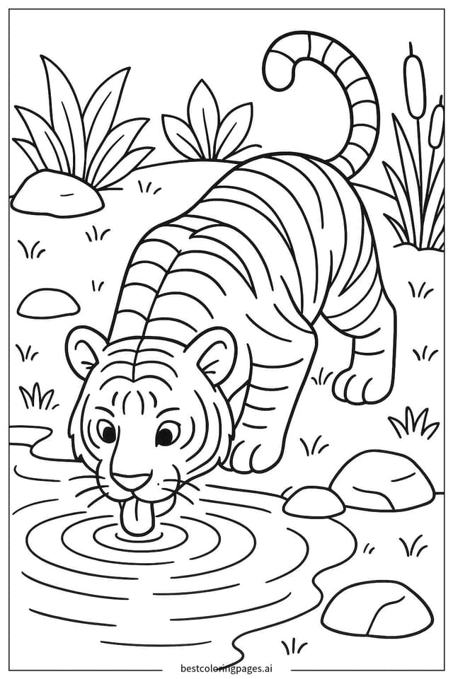 Tiger Drinking Water from a Pond Coloring Pages