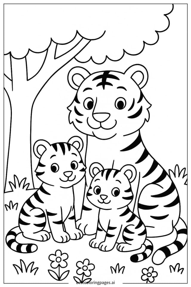 Tiger Family Relaxing in Nature Coloring Pages