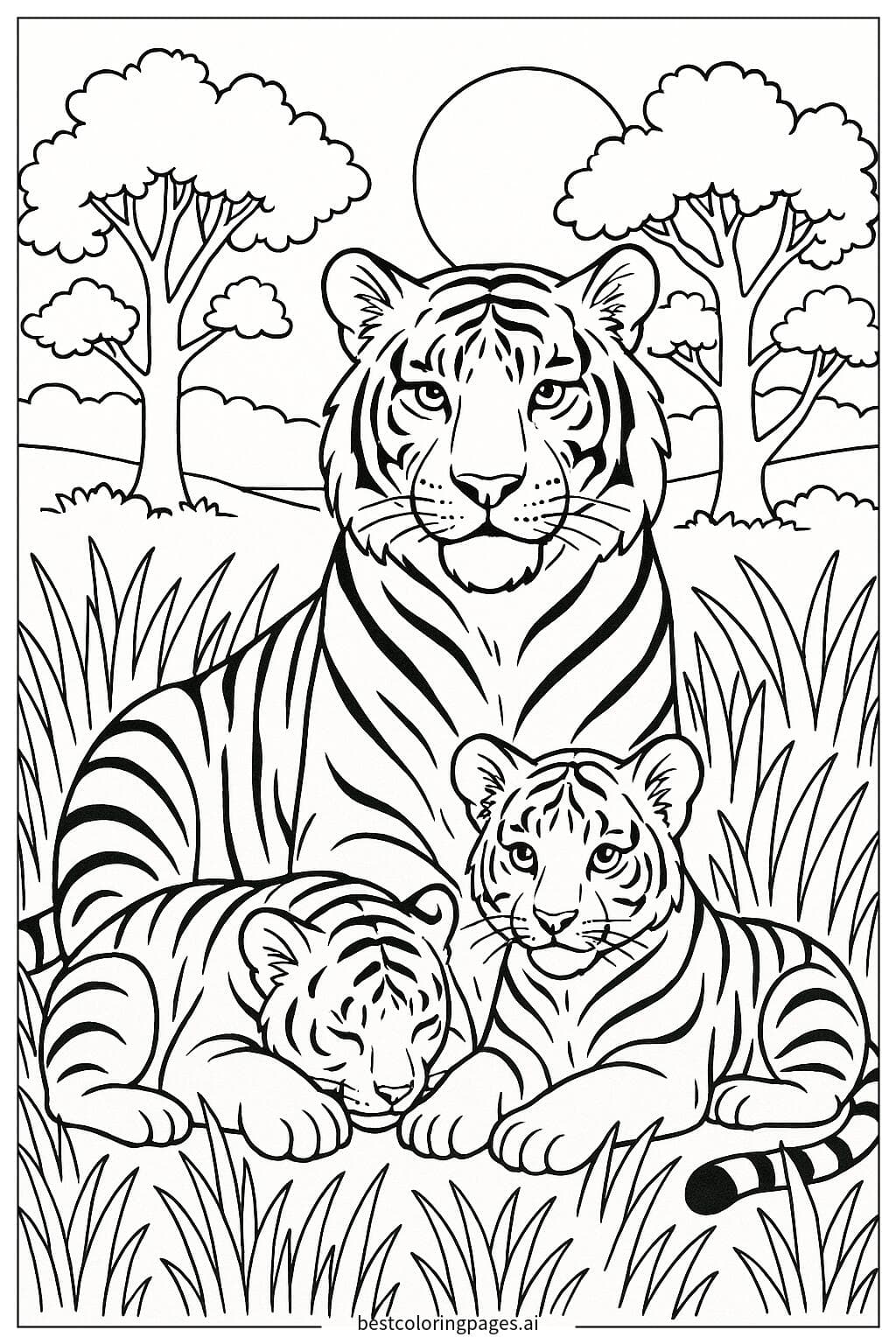 Tiger Family Under a Sunset Sky Coloring Page