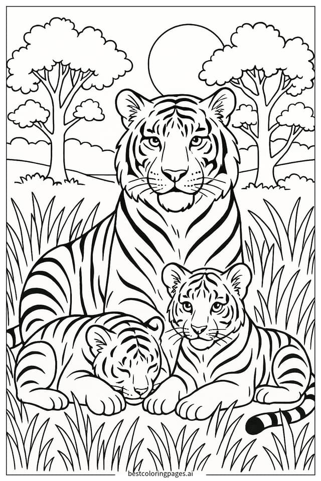 Tiger Family Under a Sunset Sky Coloring Pages