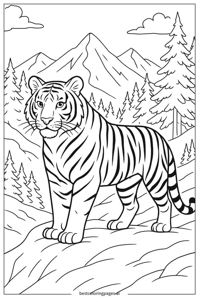 Tiger in a Snowy Mountain Landscape Coloring Pages