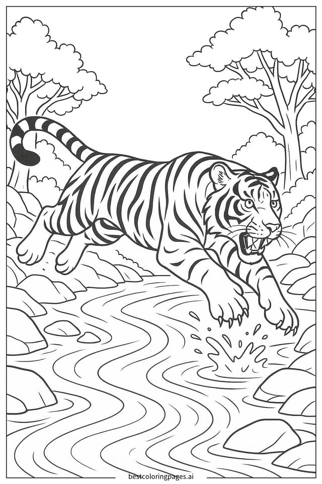 Tiger Leaping Across a River Coloring Pages