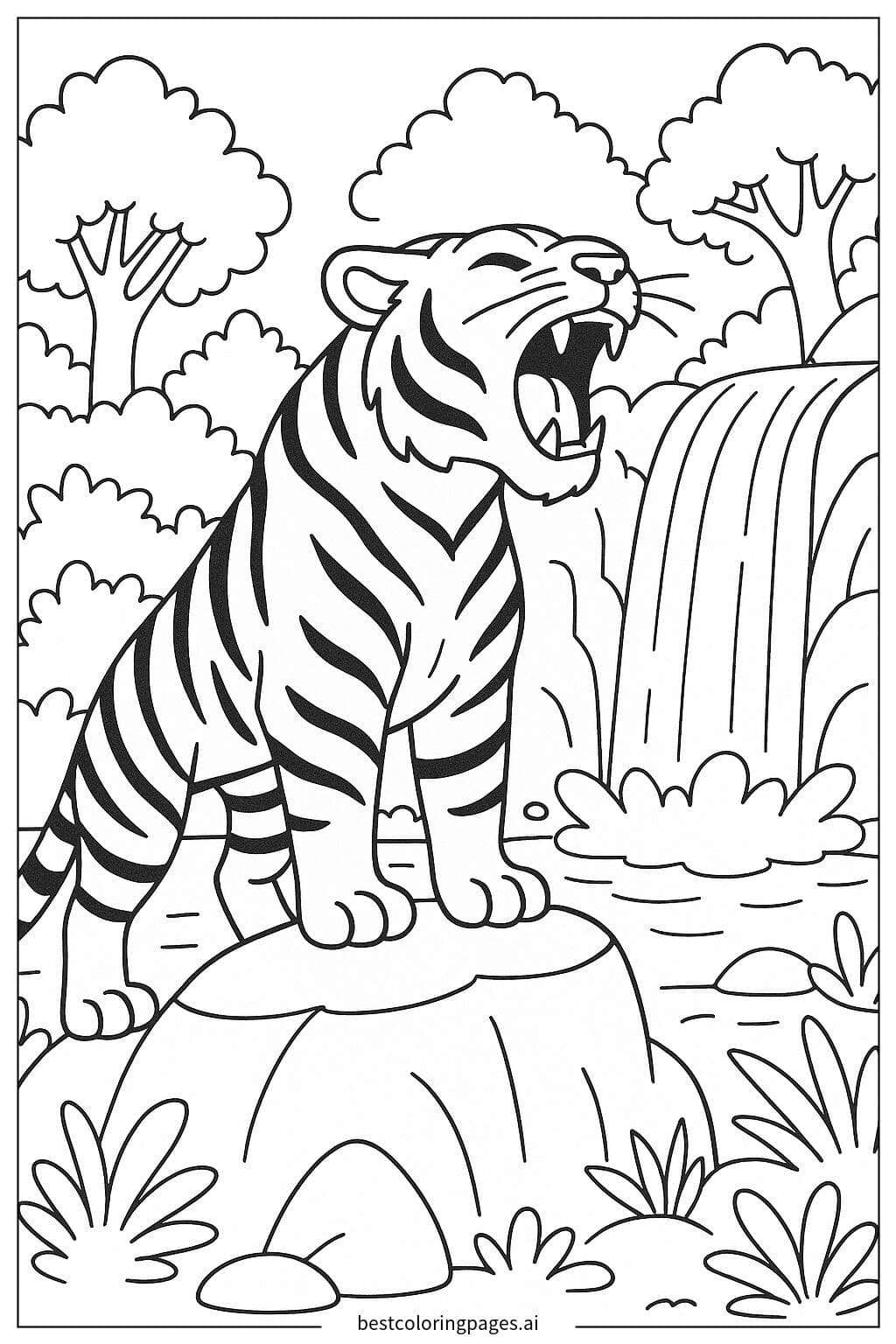 Tiger Roaring Near a Waterfall Coloring Page