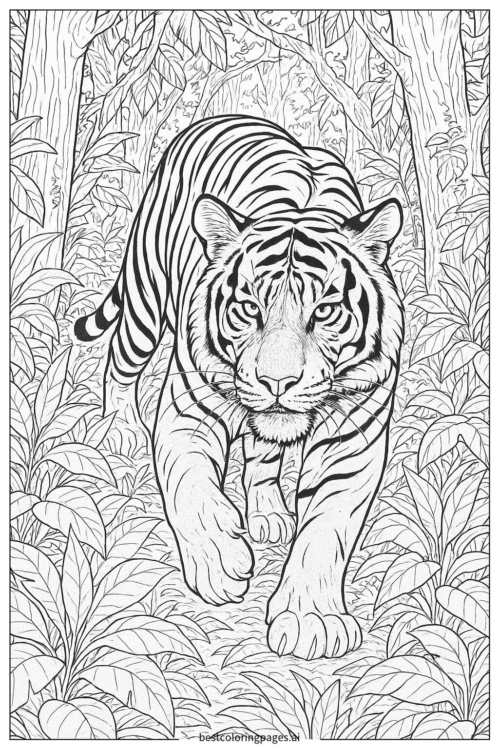 Majestic Tiger Stalking Through a Dense Jungle
