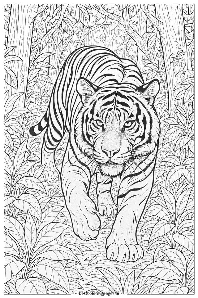 Majestic Tiger Stalking Through a Dense Jungle Coloring Pages