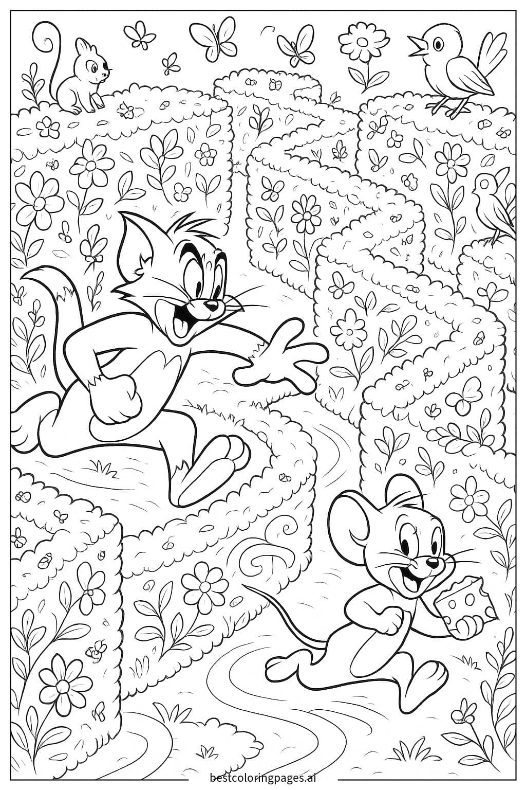Tom Chasing Jerry Through a Garden Maze Coloring Page