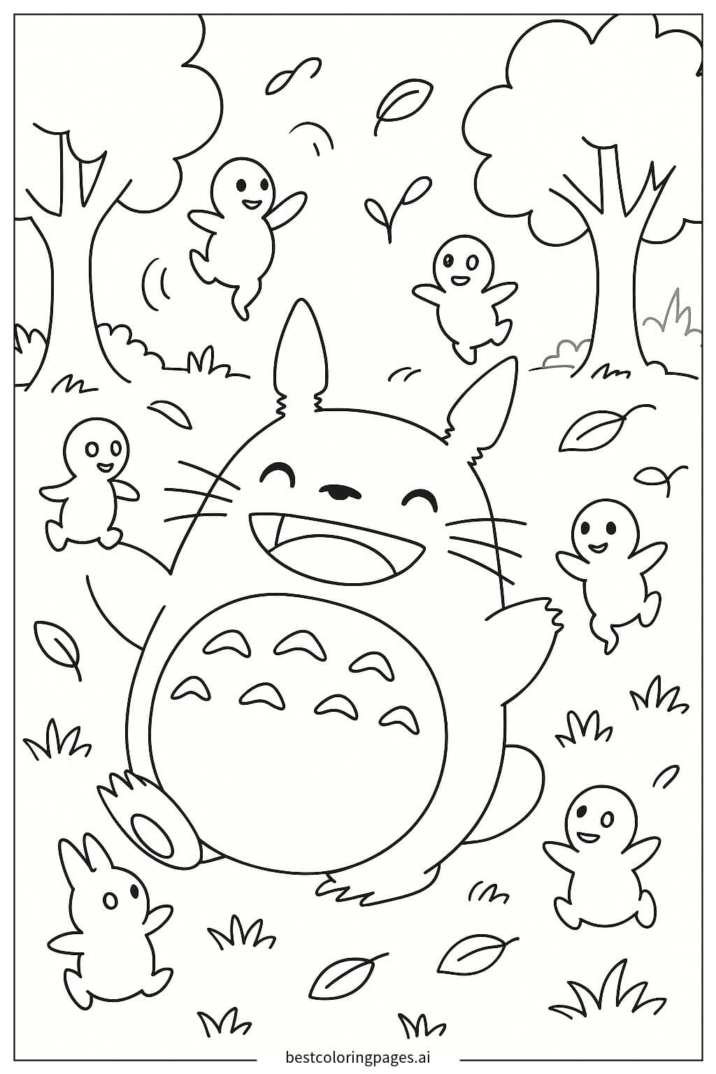 Totoro Playing with Small White Spirits