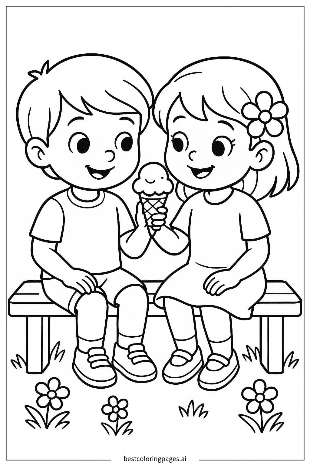 アイスクリームを分け合うふたりの子ども のぬりえ