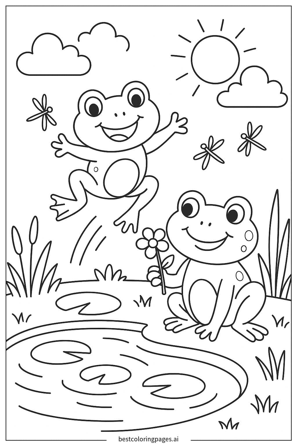 Dois sapos brincando perto de um lago