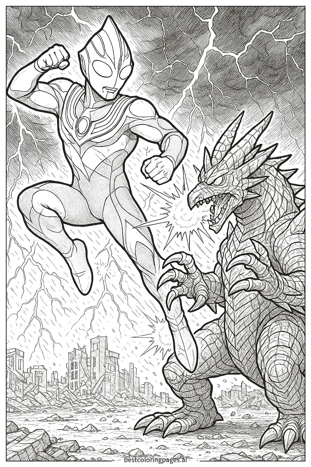 Ultraman Tiga Battles Fierce Monster in Stormy Skies