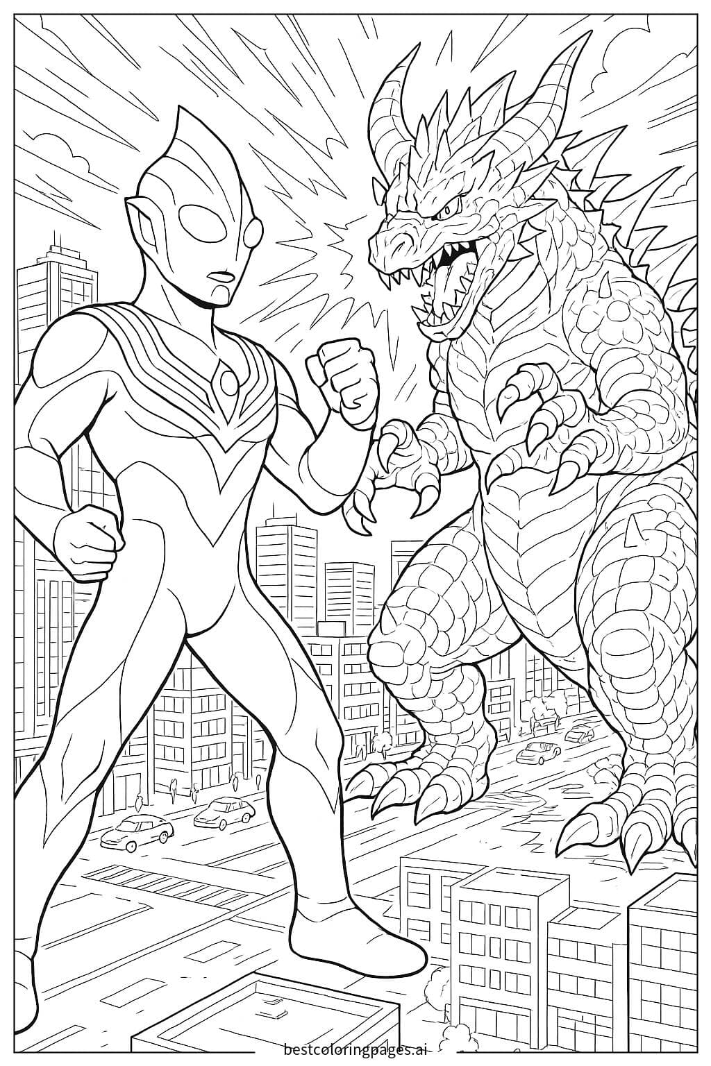 Ultraman Tiga Lutando Contra o Monstro na Cidade