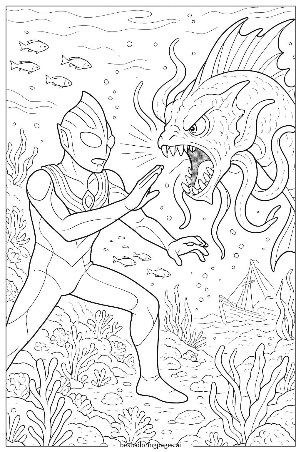 Ultraman Tiga in an Underwater Battle