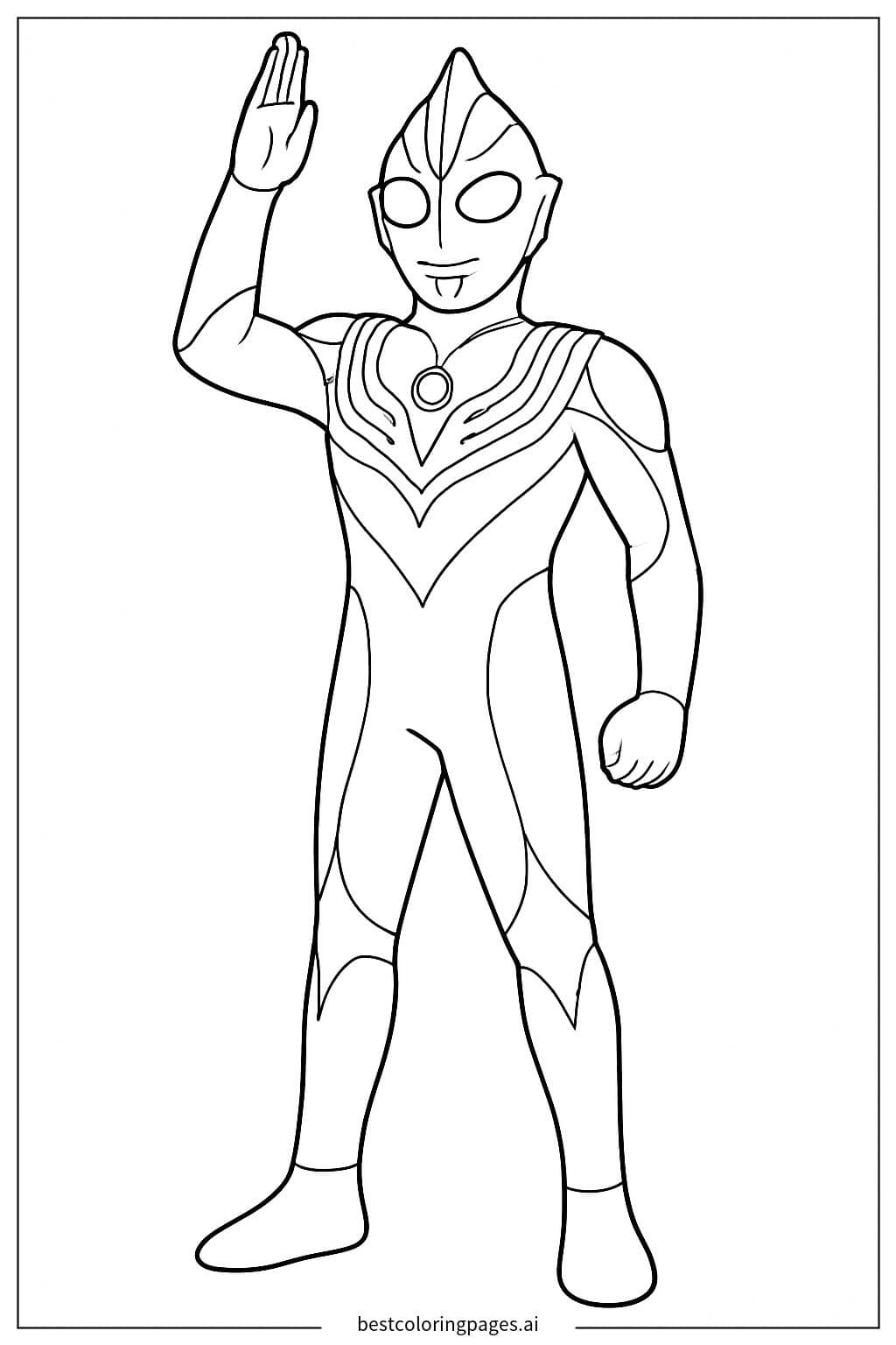 Ultraman Tiga saudando com um braço levantado