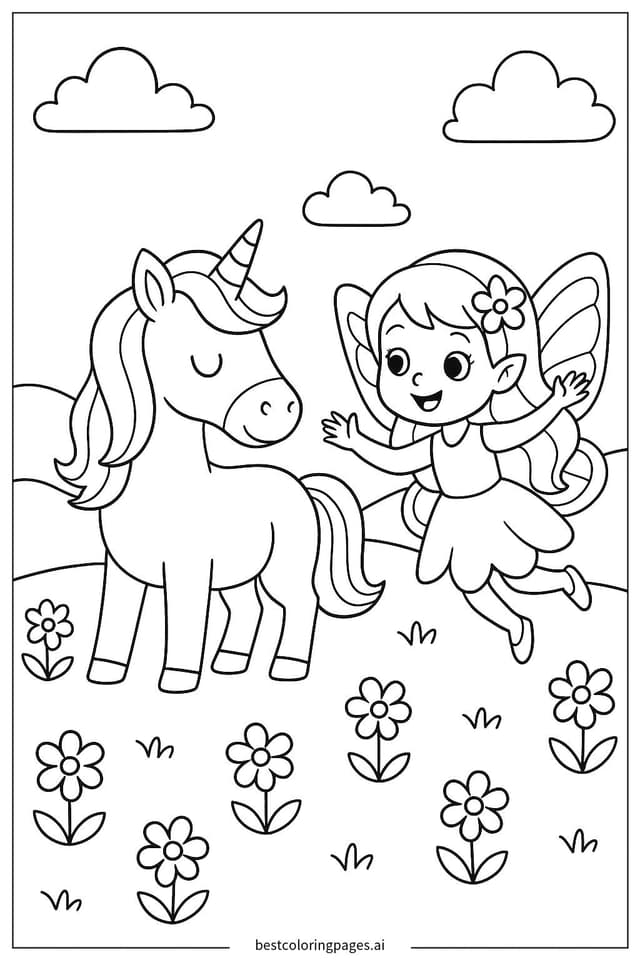 Gambar Mewarnai Unicorn dan Peri di Padang Rumput
