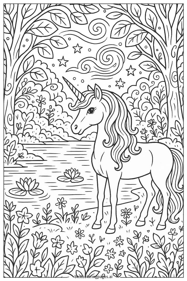 Gambar Mewarnai Unicorn di Danau Ajaib