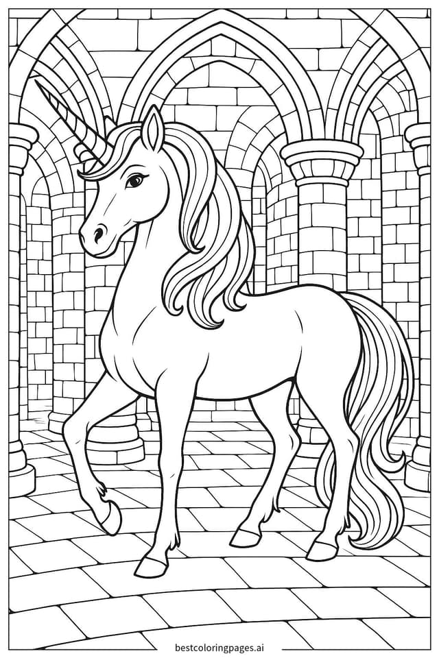 Gambar Mewarnai Unicorn di Kastil Ajaib