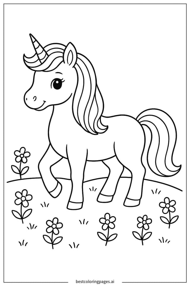 Gambar Mewarnai Unicorn di Ladang Bunga