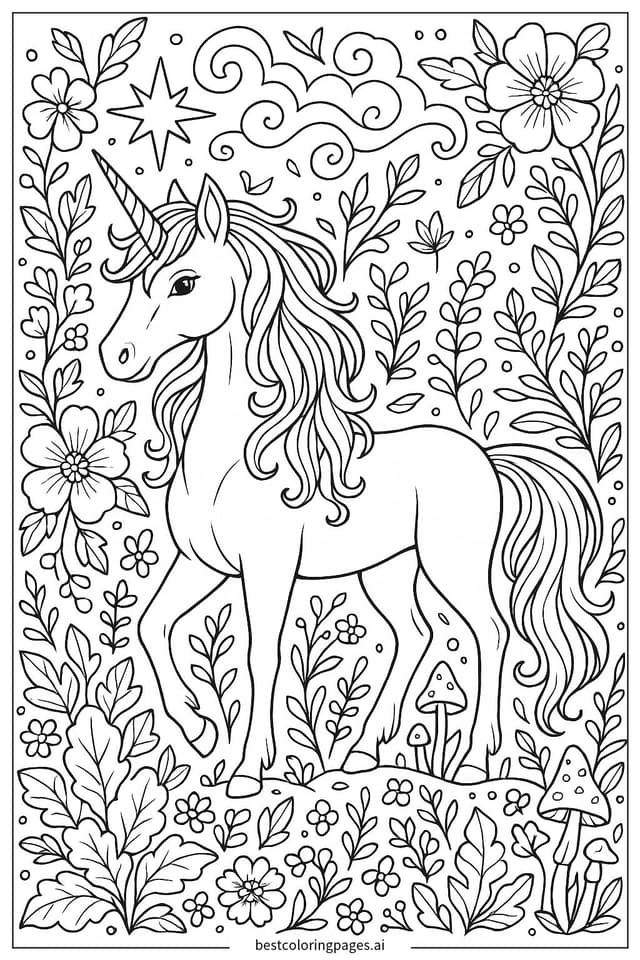 Gambar Mewarnai Unicorn di Taman Mistis