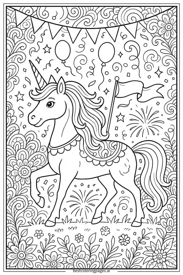 Gambar Mewarnai Unicorn Memimpin Parade