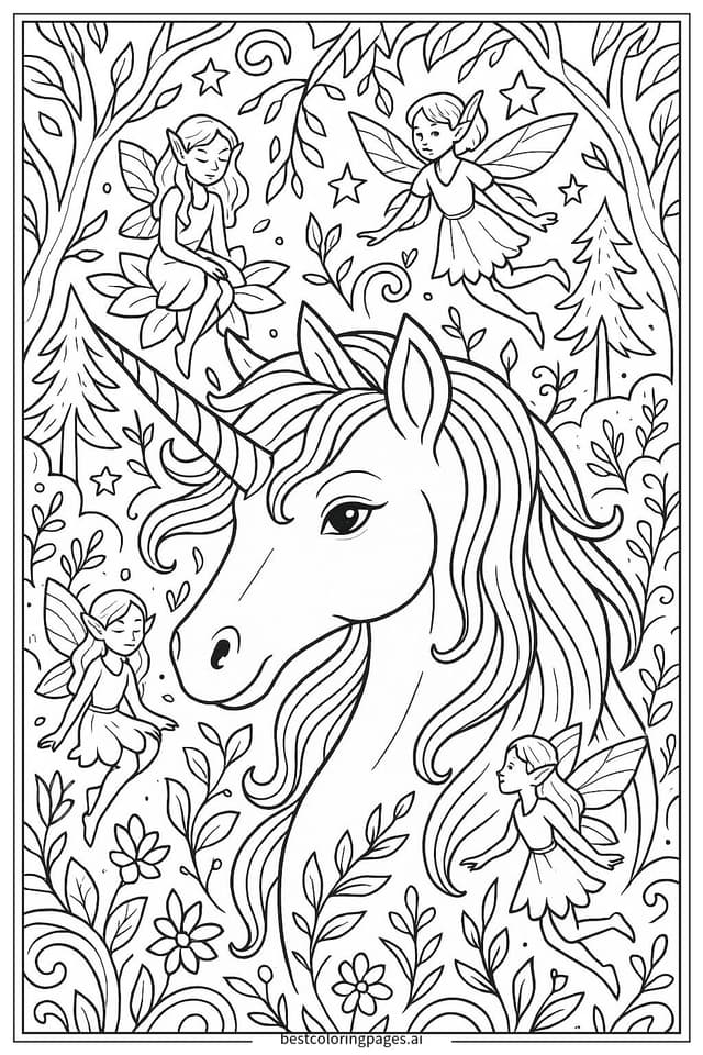 Gambar Mewarnai Unicorn Bermain dengan Peri