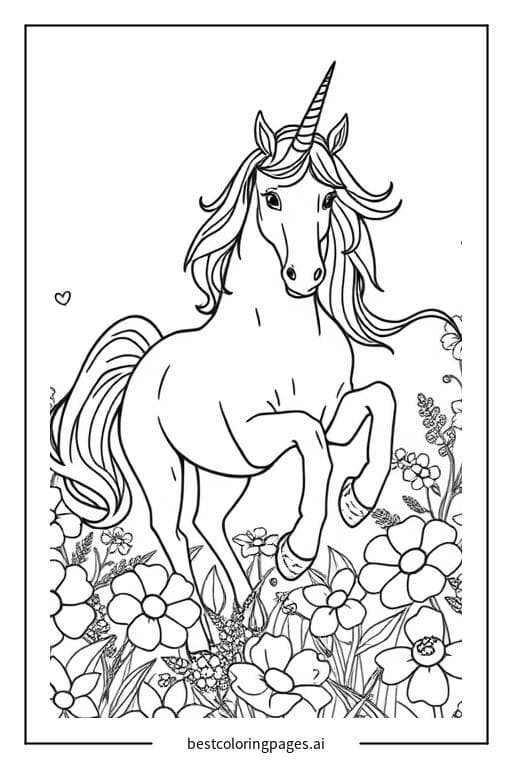 Unicorn Prancing Through Flowers