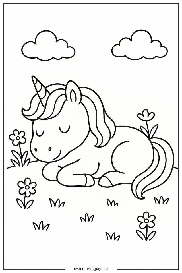 Gambar Mewarnai Unicorn Tidur di Padang Rumput