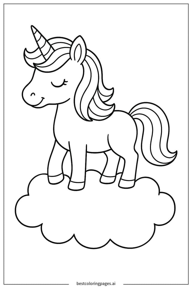 Gambar Mewarnai Unicorn Berdiri di Atas Awan