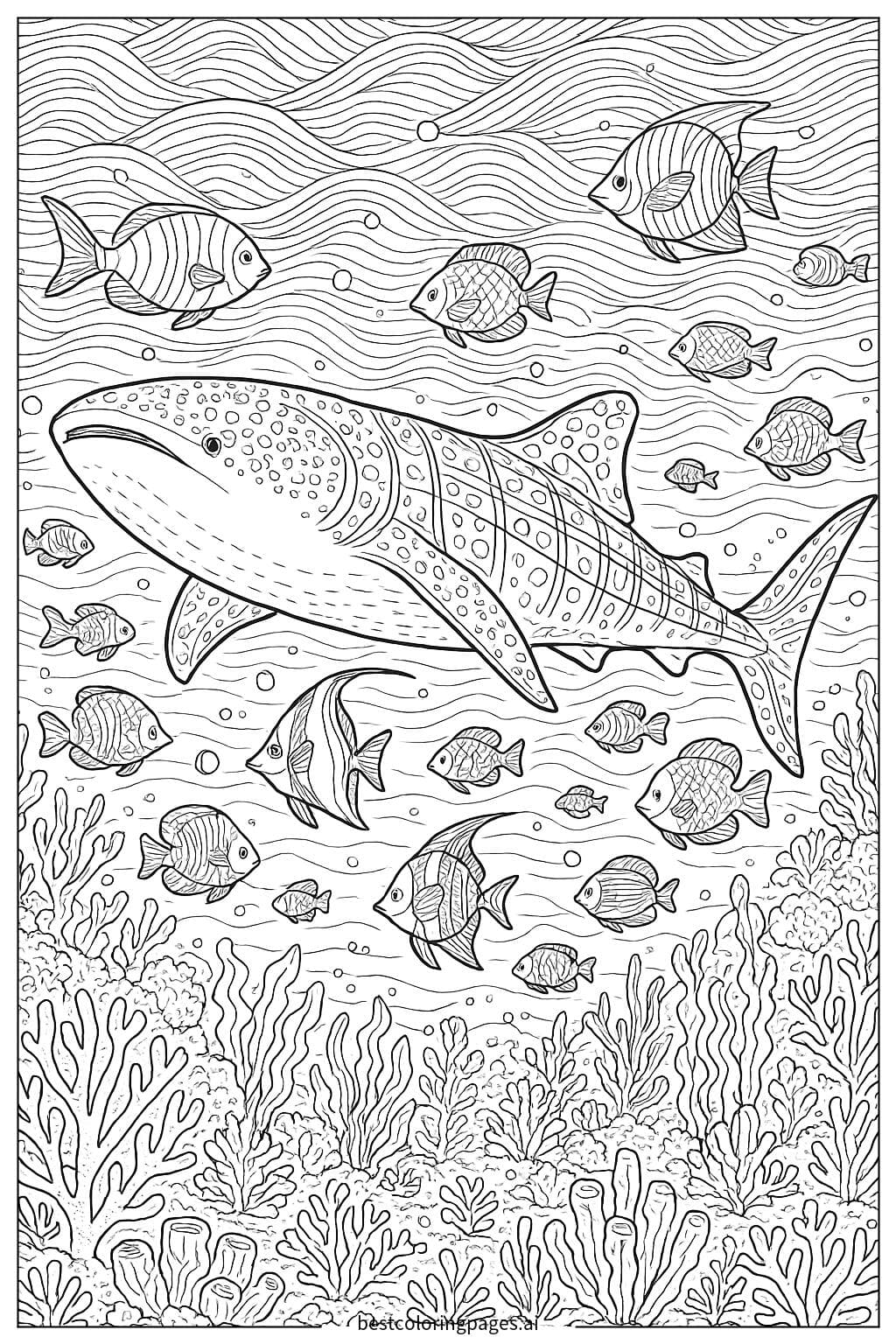 Whale Shark Dancing with Tropical Fish Coloring Page