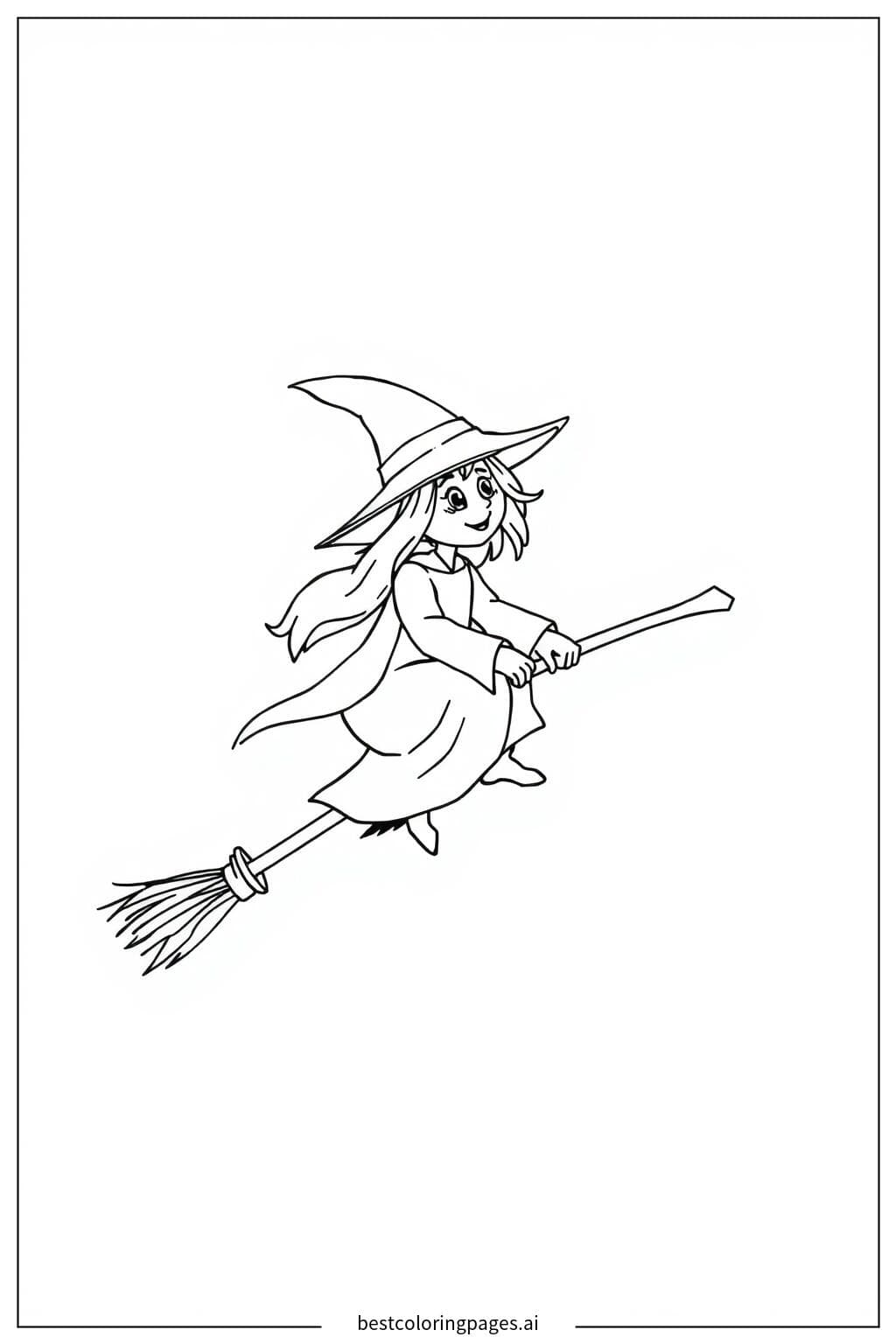 Enchanting Witch on a Flying Broom Coloring Page