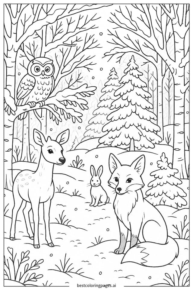 冬日森林與野生動物 著色圖