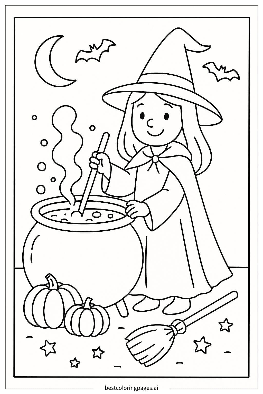 Desenhos de Bruxa Mexendo o Caldeirão para Colorir