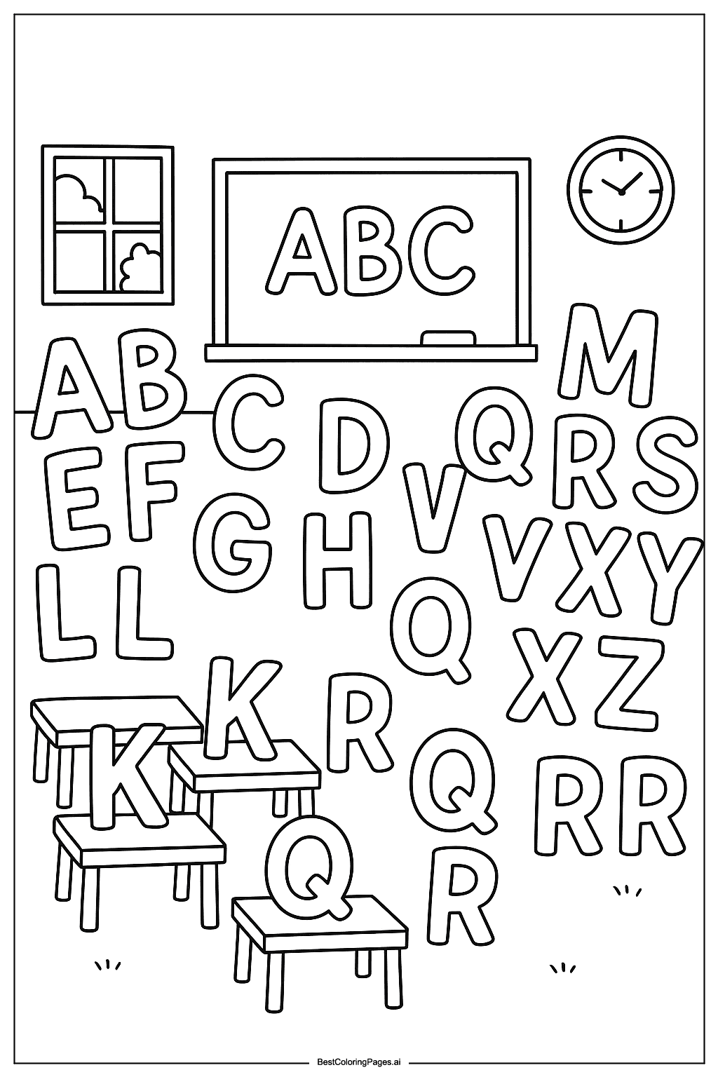 Alphabet letters in a school scene