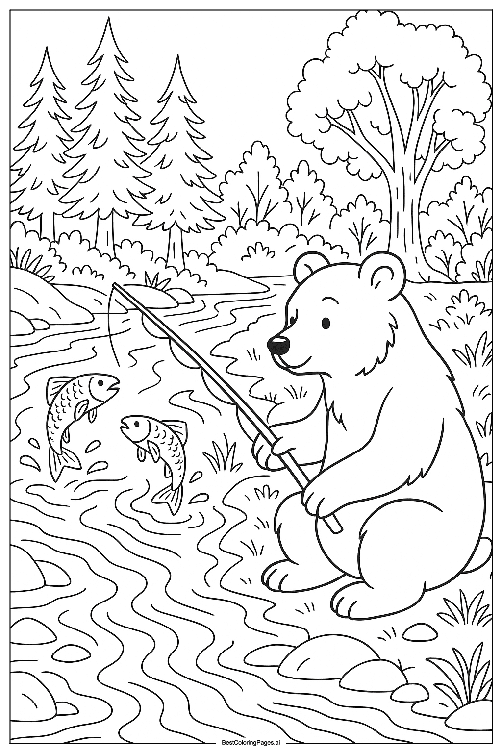 Bear fishing by river Coloring Page