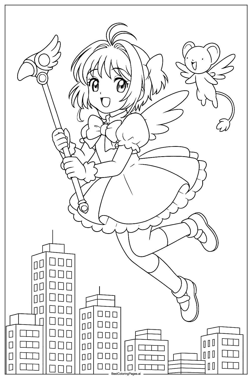 Cardcaptor Sakura flying over city