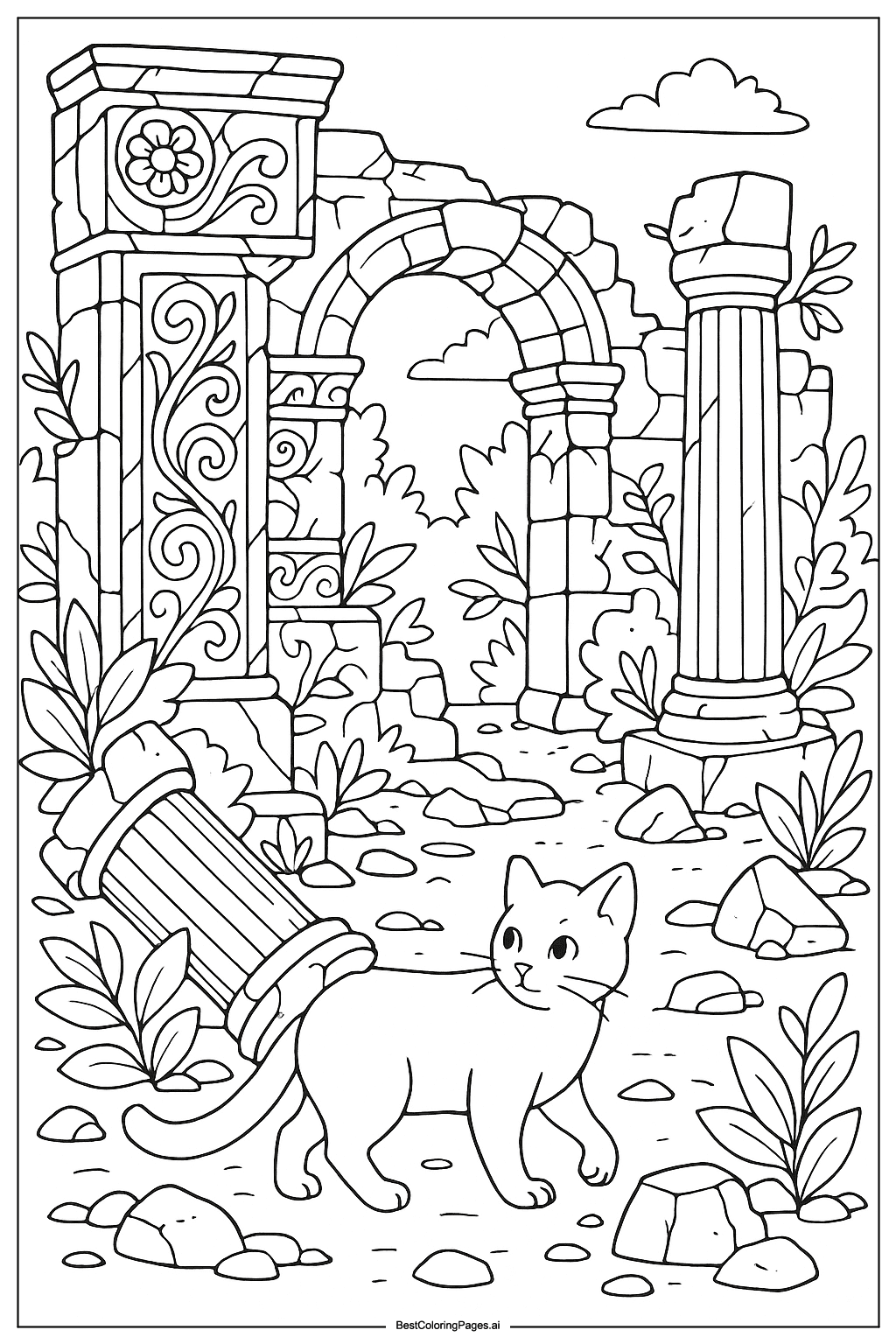 Cat exploring ancient ruins