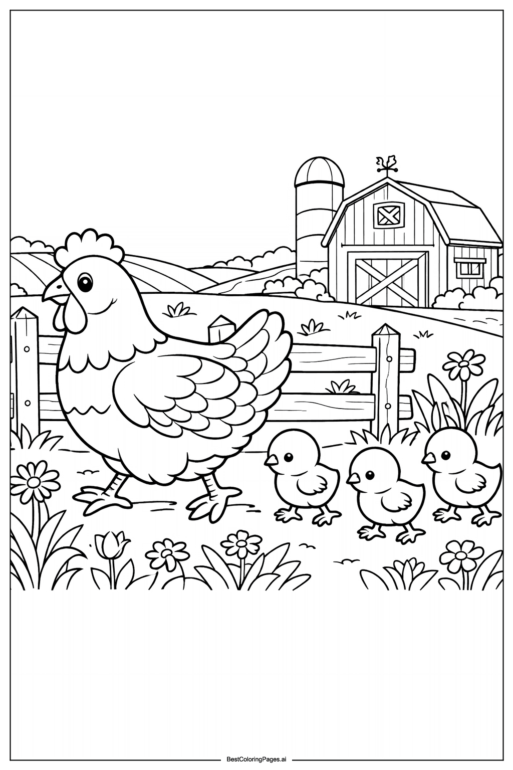 Dibujos de Familia de gallinas en la granja para Colorear