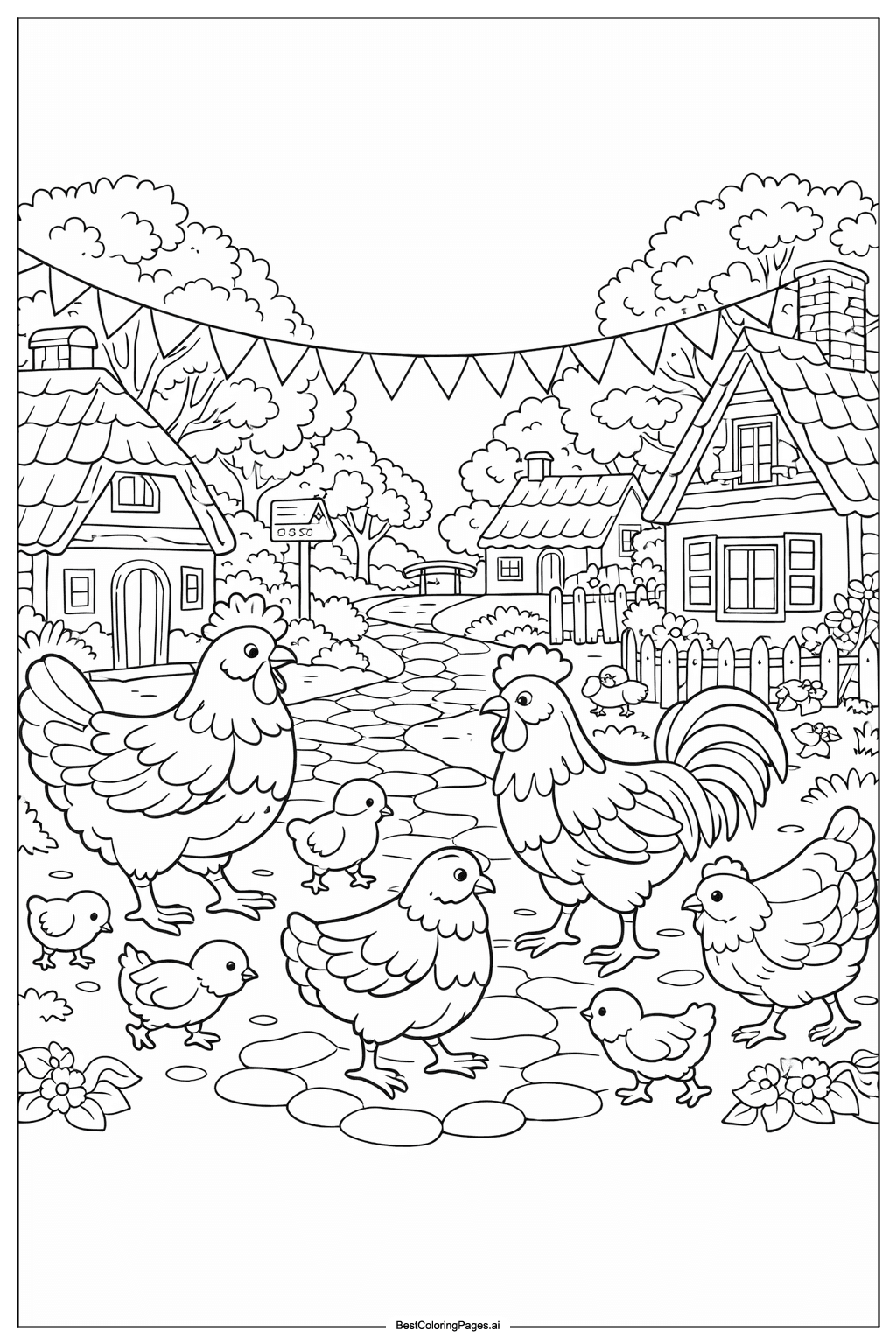 Desenhos de Desfile de Galinhas na Aldeia para Colorir