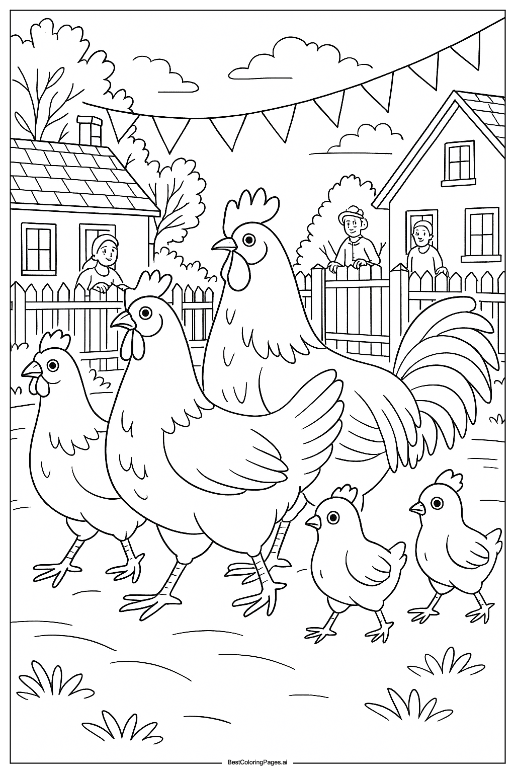 Chicken parade in village Coloring Page
